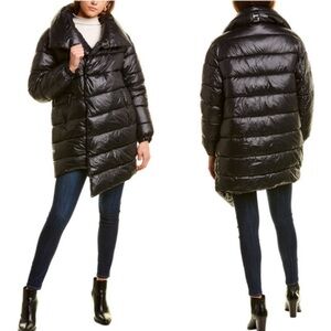 NVLT Glossy Black PufferJacket Asymmetric Hem Mid length Vegan Modern